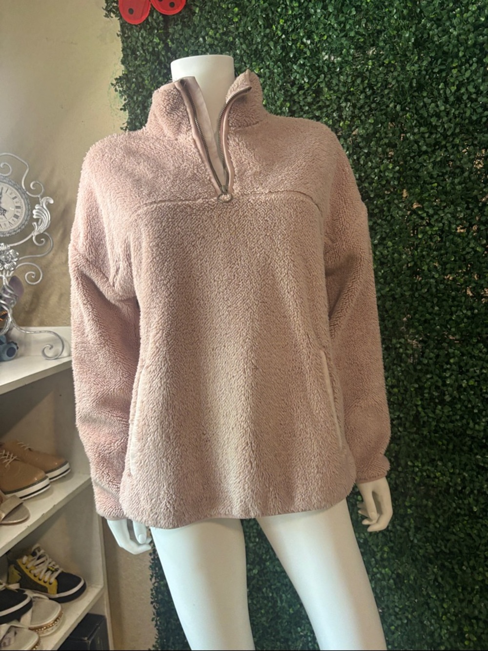 Time and Tru Plush Half‑Zip Teddy Jacket - Dusty Rose